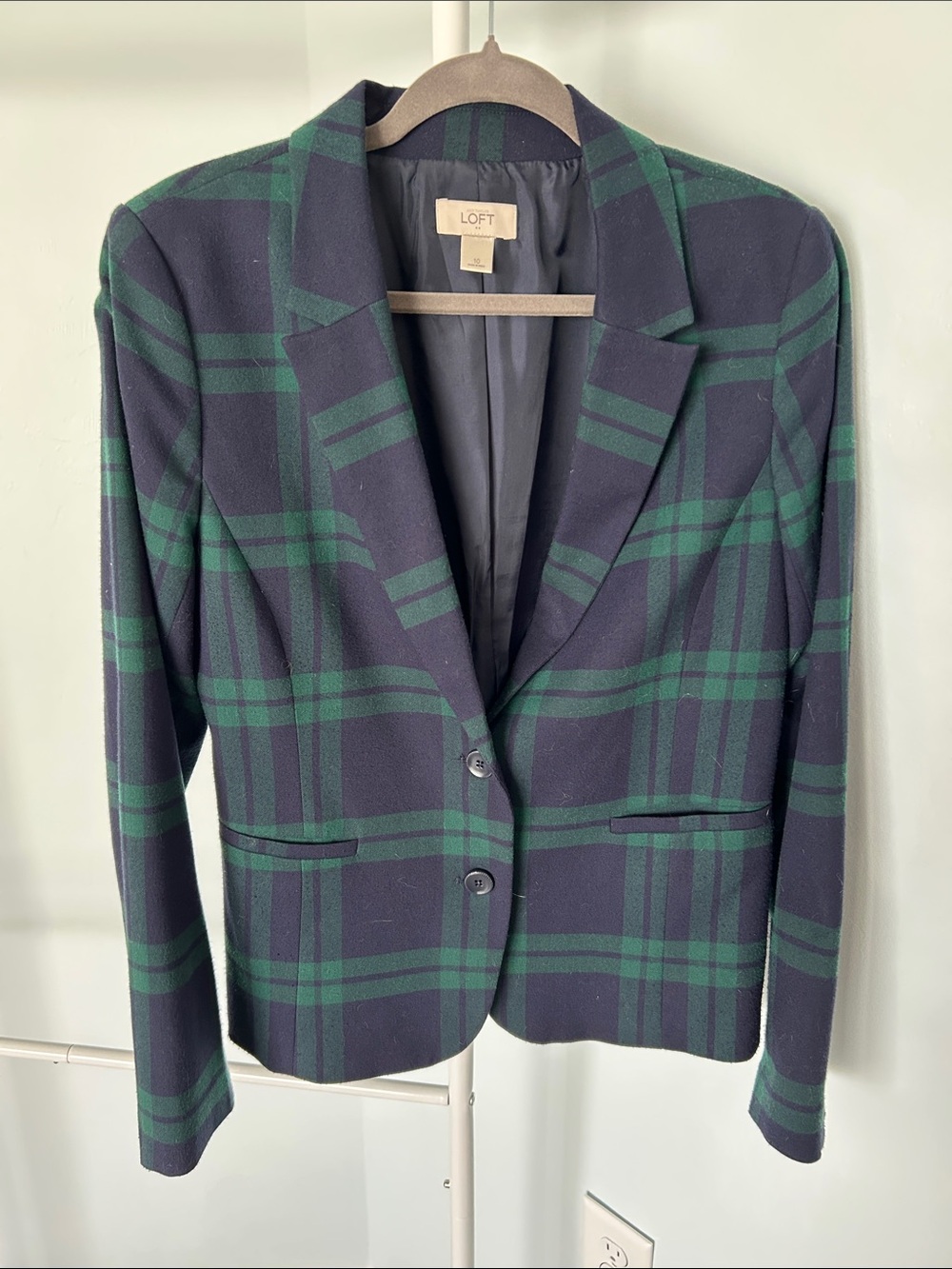 LOFT Navy and Green Plaid Tailored Blazer